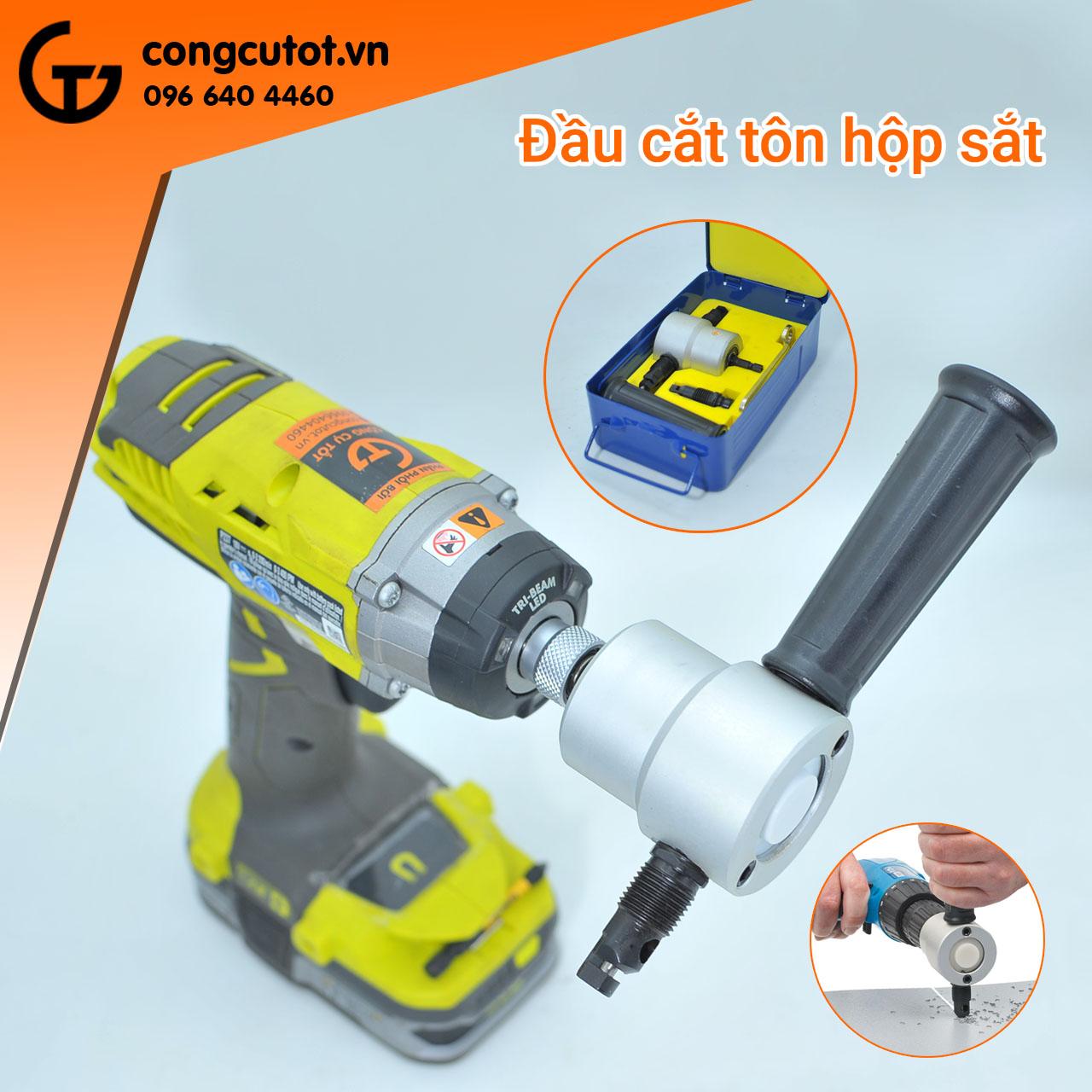 Kít cắt tôn đa năng hộp sắt có lưỡi dự phòng. Sản phẩm chất lượng cắt được đường cong bất kỳ trên các tấm kim loại, alu, gỗ một cách gọn nhẹ