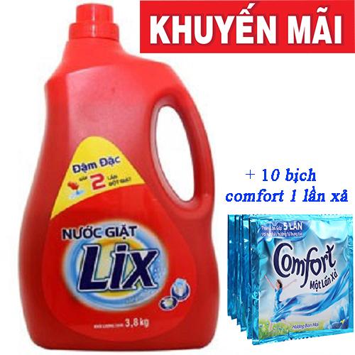 Nước giặt Lix Đậm đặc chai 3,8kg tặng 10 bịch comfort 1 lần xả