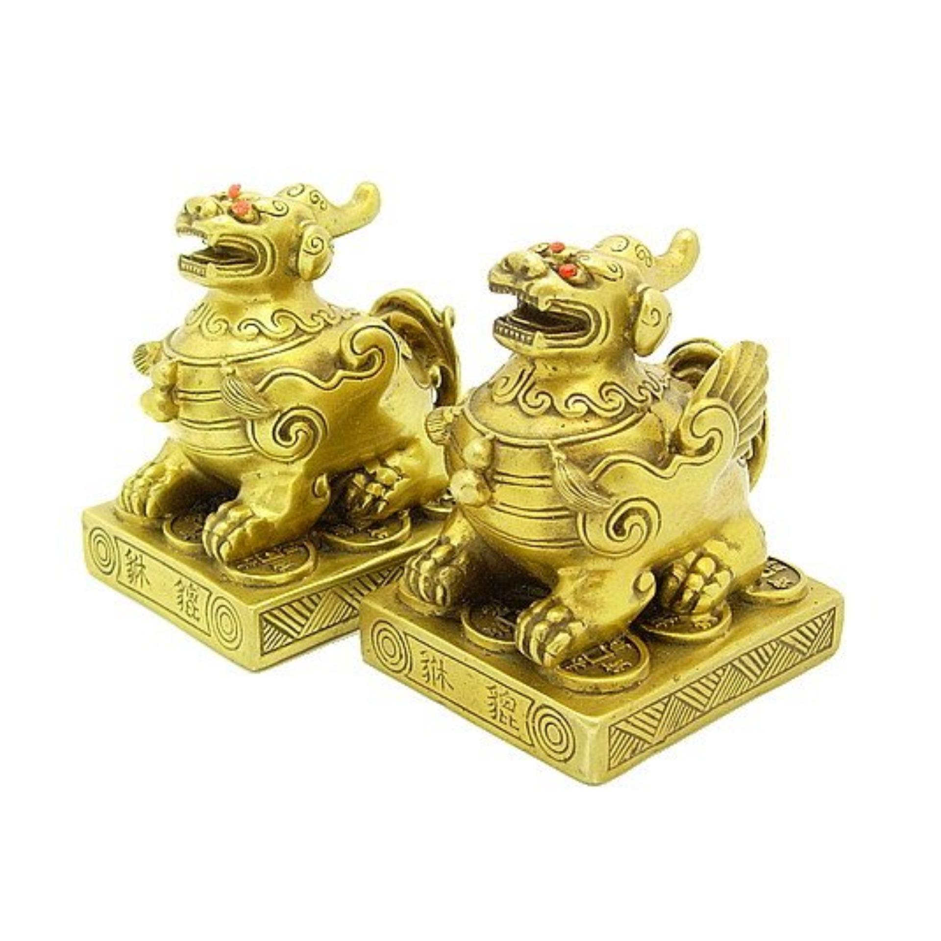 Tượng đôi tỳ hưu - nhỡ - bằng đồng thau nặng 1400 g cao 10 cm - phong thuỷ tài lộc – may mắn – thuận lợi