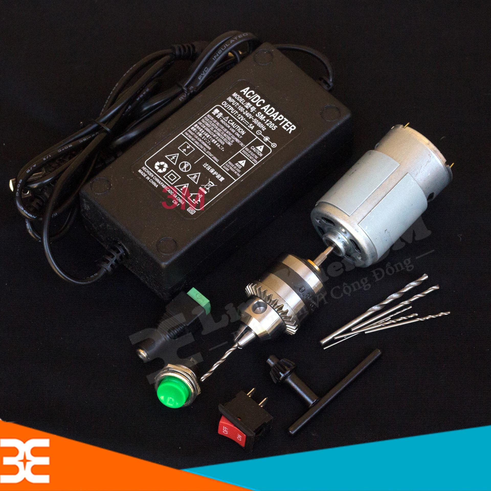 Combo Khoan 555 Trục 3,17mm V2 ( Motor 555, Adapter 12v-5A, Nối Nguồn Cái, Đề Sắt To, KCD1-101, Bạc B10-3,17, Kẹp 3 Chấu, Mũi Khoan 1.0-1.5-2.0-3.0mm Mỗi loại 02 Chiếc )