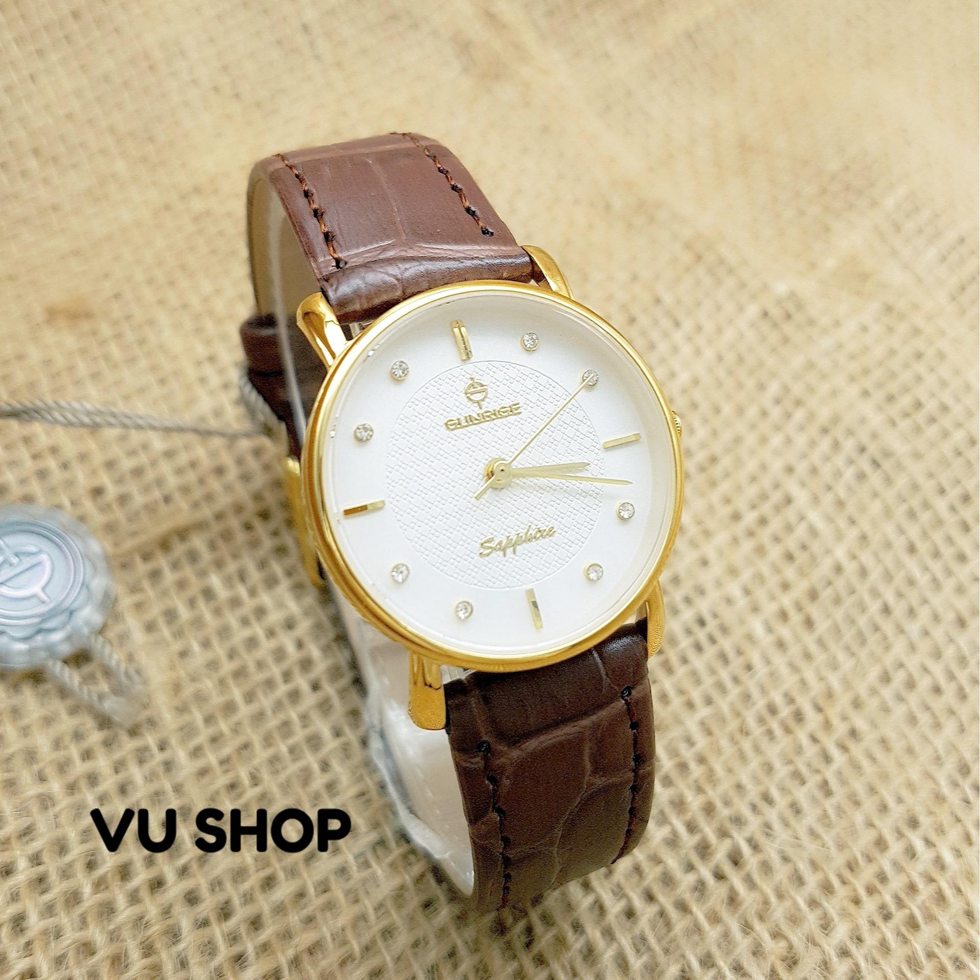 Đồng hồ nữ sunrise dm693 kính sapphires - dây da nâu