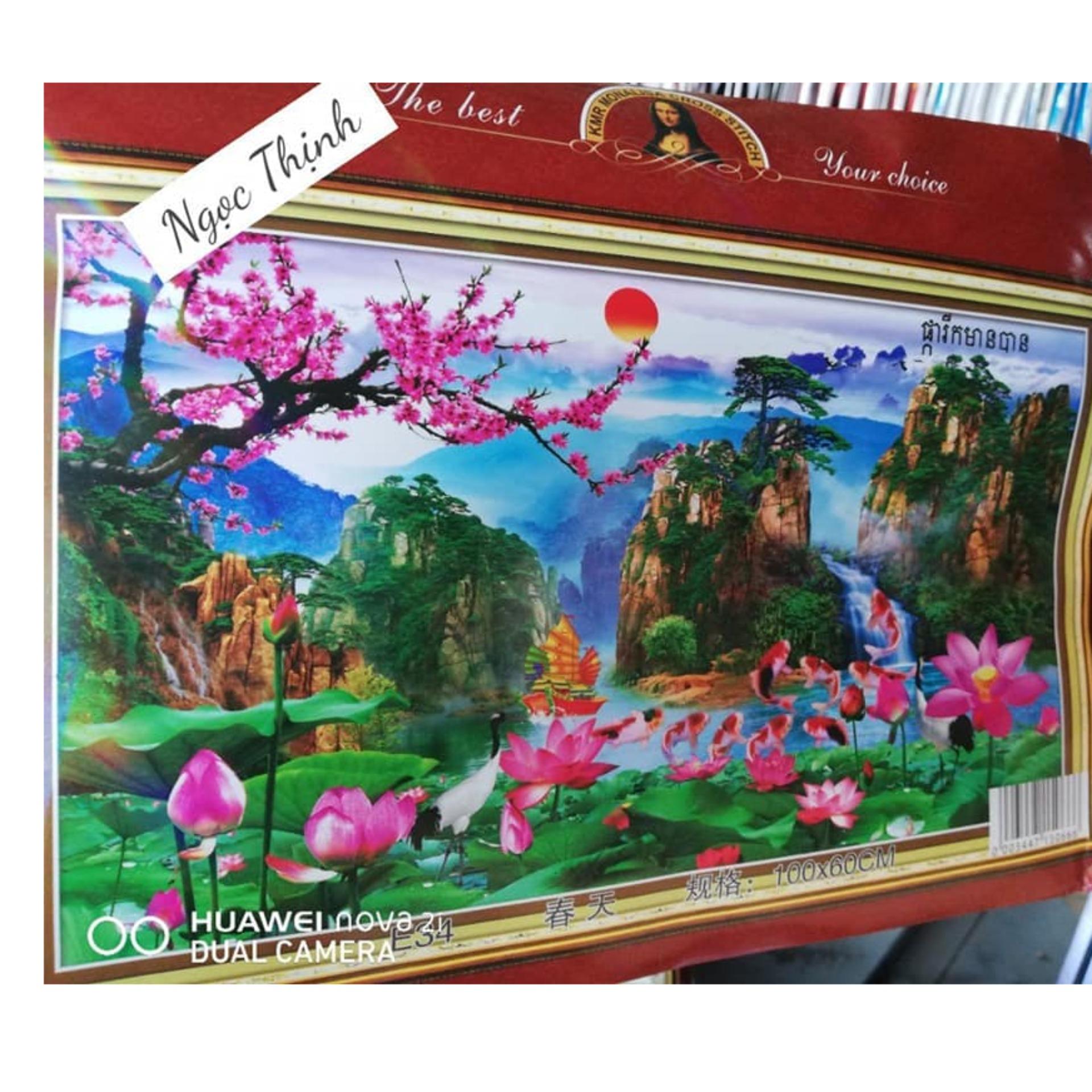 Tranh thêu chữ thâp phong canh non nước E34- 100X60CM- Ngocthinhshop