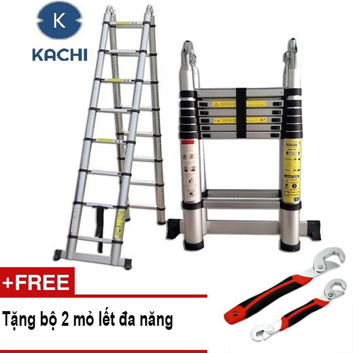 Thang nhôm rút chữ A 3m8 Kachi MK02 + Tặng 2 mỏ lết đa năng