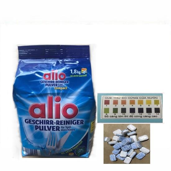 Tặng 5 viên rửa hoặc que thử độ cứng của nước khi mua bột rửa chén bát alio 1,8kg TĐ Finish Somat