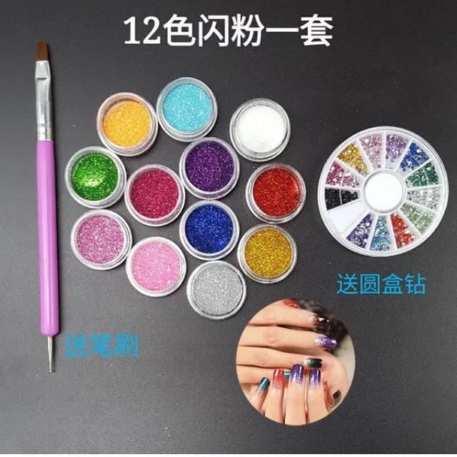 Combo 1 set nhũ 12 màu, 1 bút 2 đầu, 1 khay đá nhiều màu size 2mm