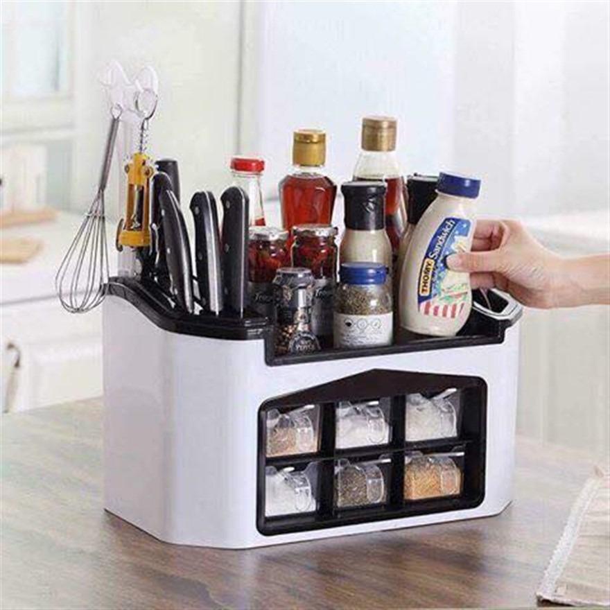 Kệ gia vị 2 tầng chia nhiều ngăn với 6 hộp đựng gia vị tiện lợi, có khe cắm dao, kéo giúp sắp xếp nhà bếp gọn gàng (màu trắng)
