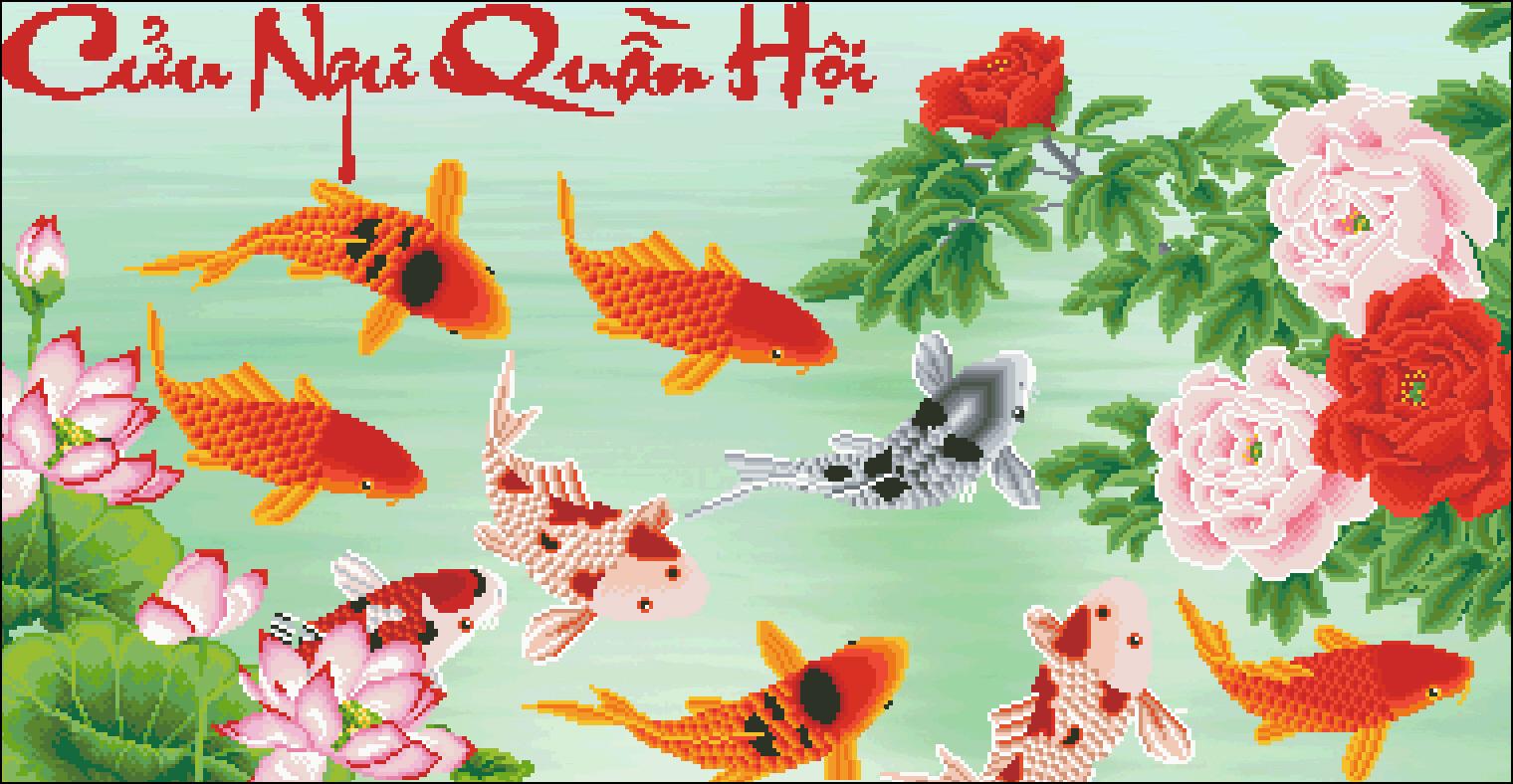 [HCM]Tranh Thêu Chữ Thập Cửu Ngư Quần Hội