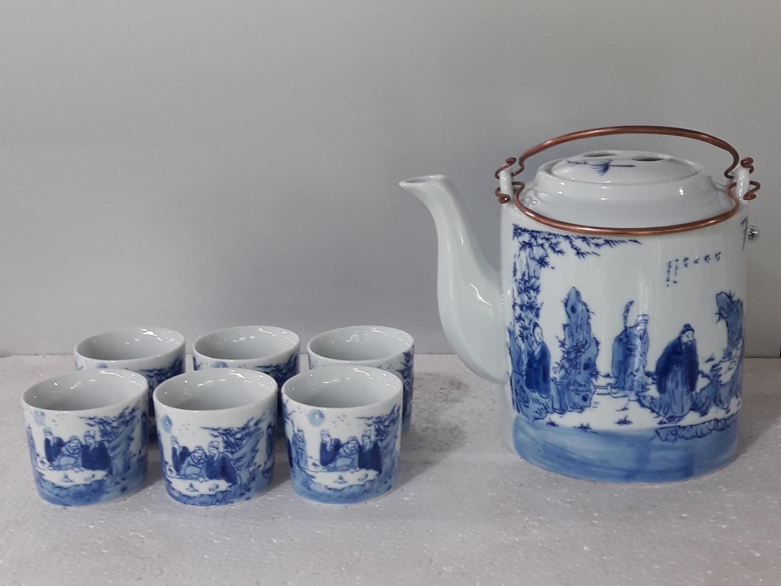 Bộ Ấm Tích Cổ Trúc Lâm Thất Hiền Men Lam