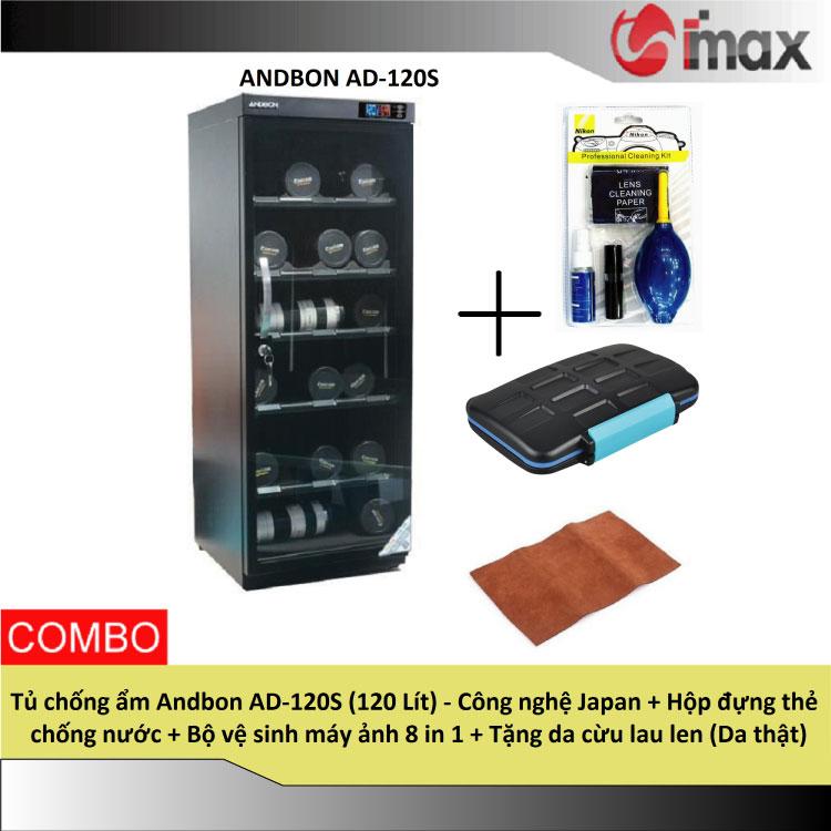 Tủ chống ẩm andbon ad-120s - công nghệ japan + hộp đựng thẻ chống nước + bộ vệ sinh máy ảnh 8 in 1 + tặng da cừu lau len