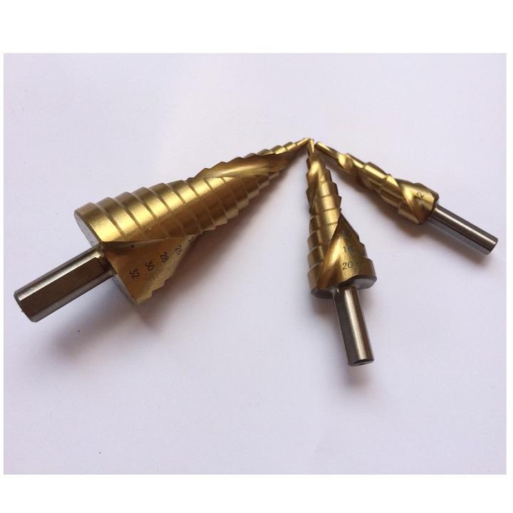 Bộ 3 mũi khoan tháp xoắn thép gió HSS phủ titan 4-32mm, Bộ mũi khoan tháp đa tầng, Bộ 3 mũi khoan bước, Bộ 3 mũi khoan nón