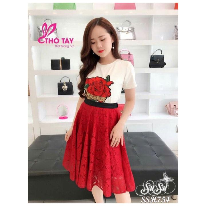 Set váy áo thêu bông hồng