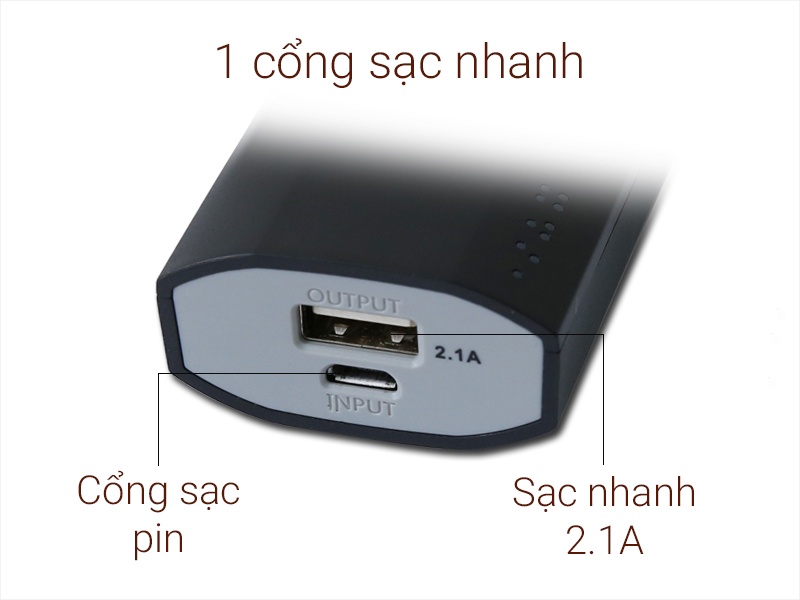 1 cổng sạc nguồn ra 2.1A và jack sạc nạp pin 2.1A