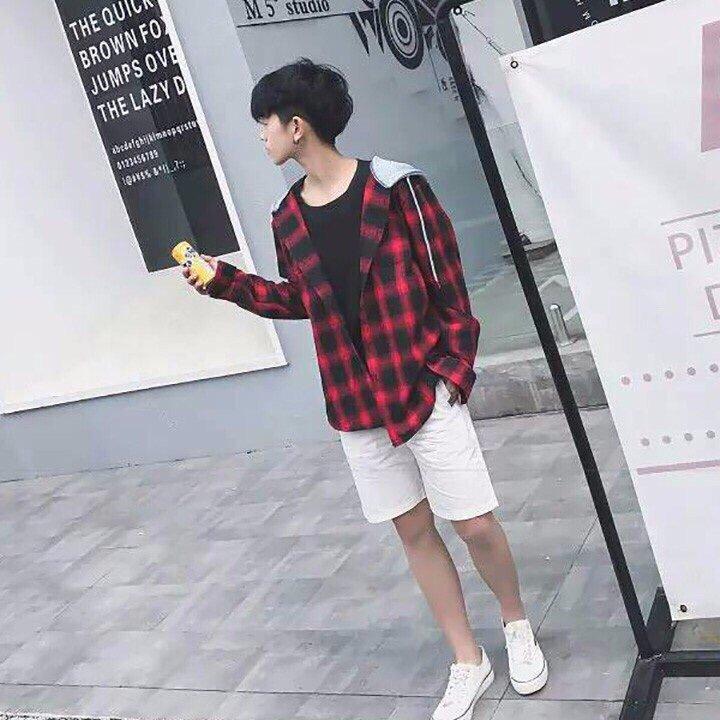 Áo khoác unisex kiểu dáng sơmi carô phối nón xám - 200