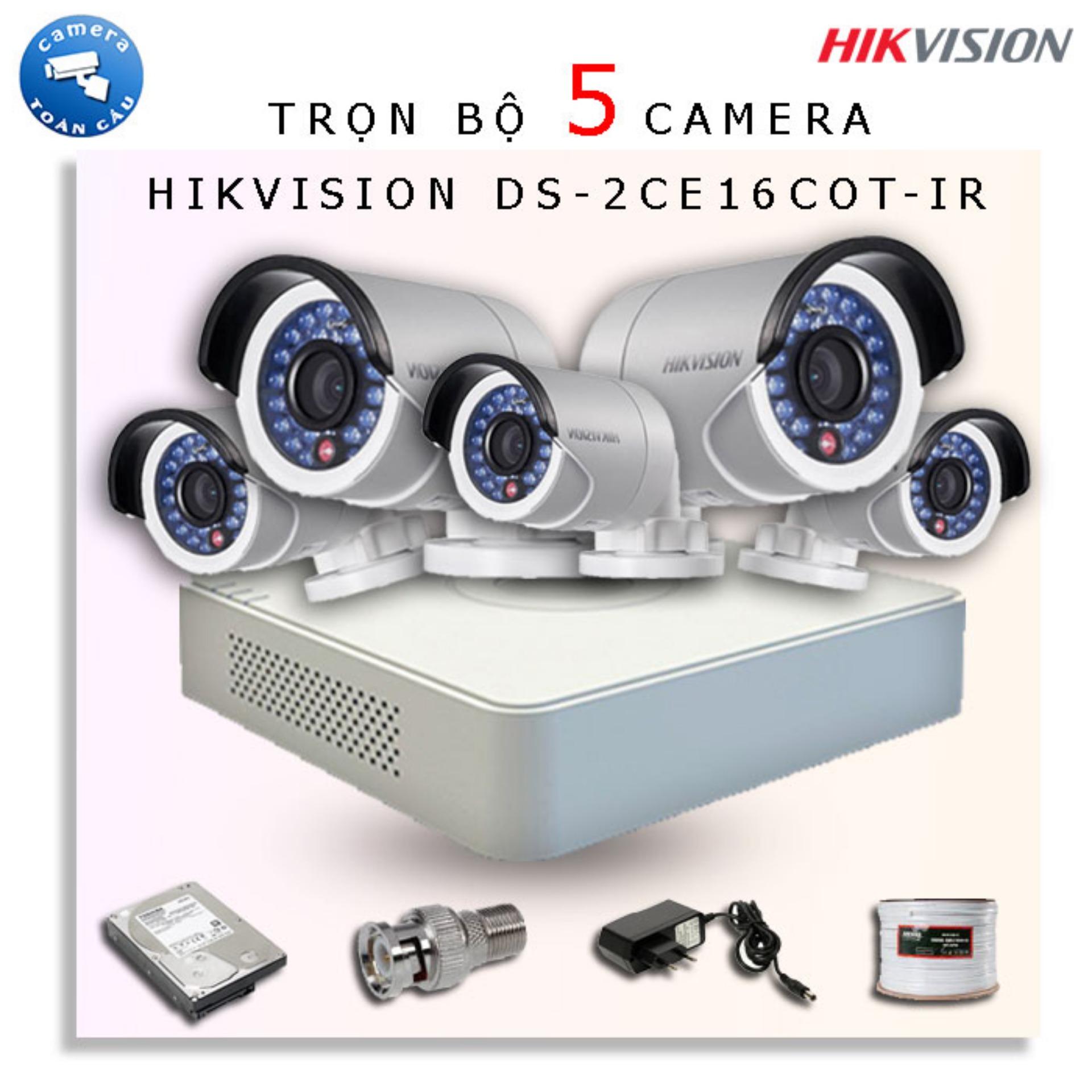 [HCM][Trả góp 0%]Trọn bộ 5 camera Hikvision (1MP) DS-2CE16C0T-IR + DS-7108HGHI-F1/N