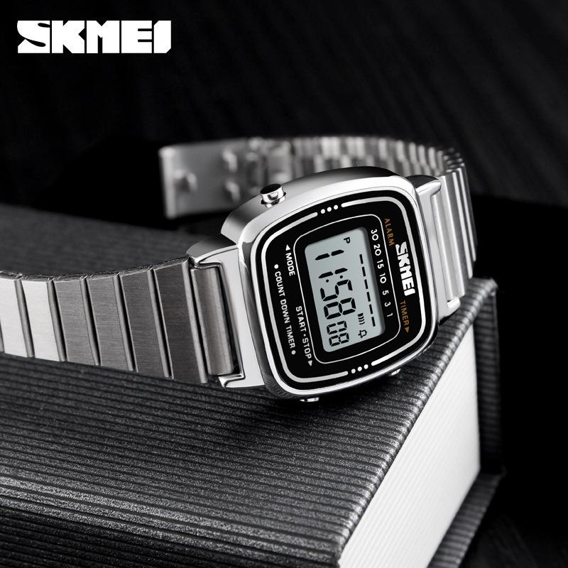Đồng hồ điện tử nữ hot Skmei S670 Dual time dây thép không gỉ chống nước 30m