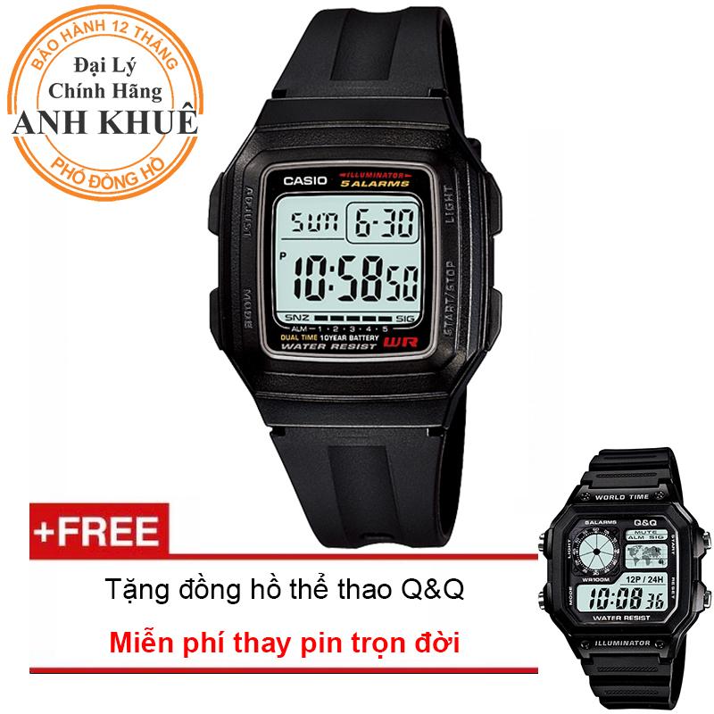 Đồng hồ dây nhựa huyền thoại casio anh khuê f-201wa-1adf + tặng đồng hồ thể thao q&q