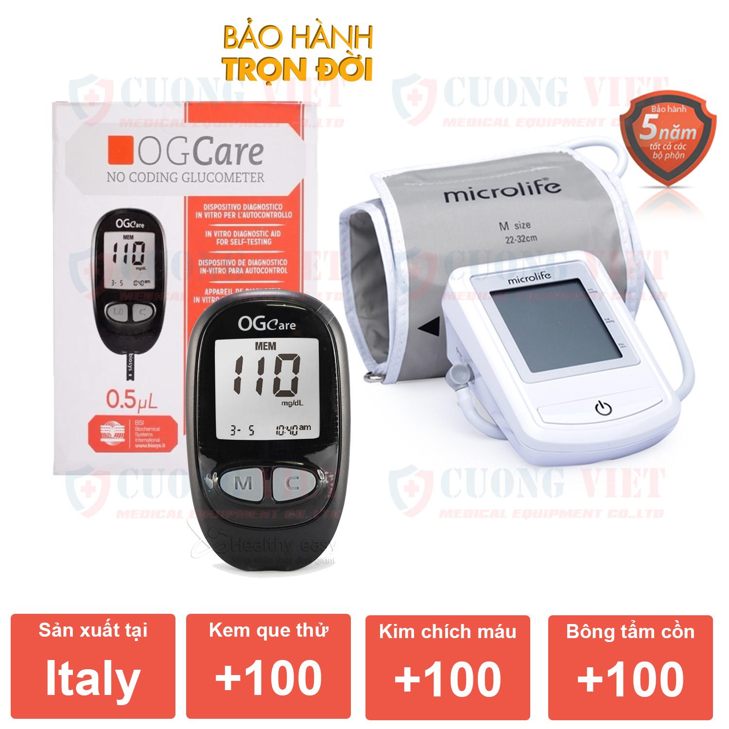 Máy đo đường huyết OGcare Italy - Kèm máy đo huyết áp Microlife BP 3NZ1
