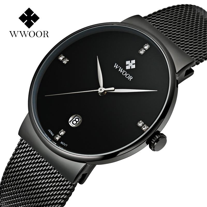 WWOOR của Nam Giới Đồng Hồ Sang Trọng Hiệu Lưới Strap Casual Watch Men Ultra Thin Quartz Ngày Đồng Hồ Màu Đen Nam Không Thấm Nước Sport Xem