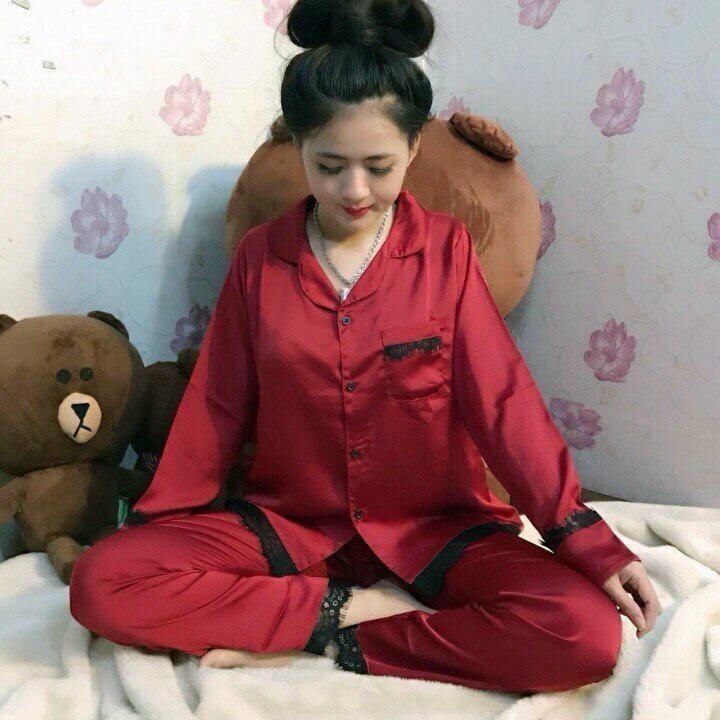 Đồ Bộ Nữ Chất Phi Bóng Phối Ren, Mặc Nhà Hoặc Đi Ngủ Sang Trọng