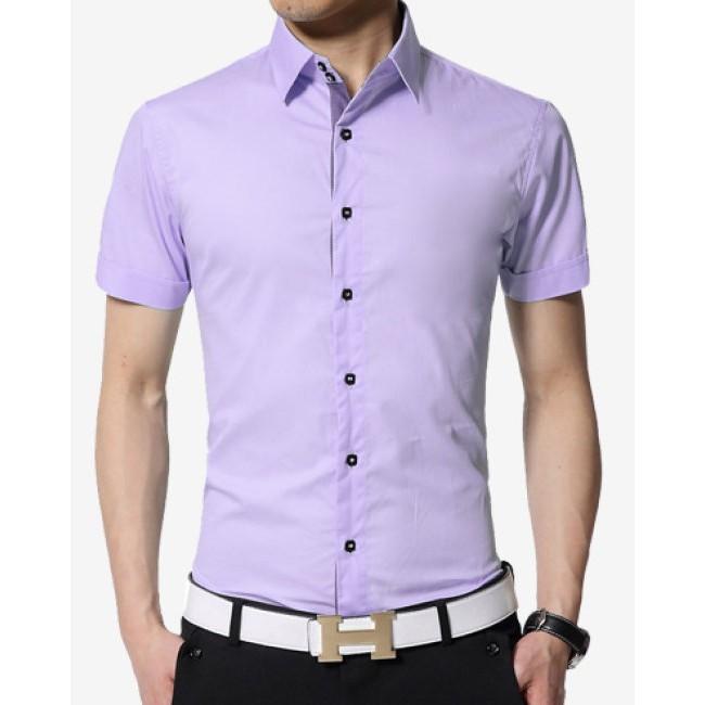 Áo sơ mi nam Cộc Tay Tím Nhạt dáng body Hàn Quốc không nhăn, Áo sơ mi nam Ngắn Tay Tím Nhạt