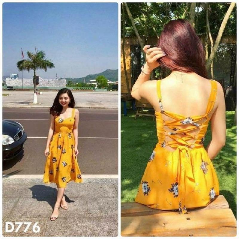 Nơi bán D776 - Đầm hoa vàng đan dây lưng