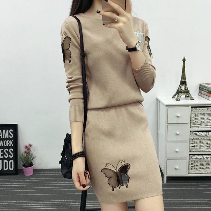 2020 Mùa Thu Mẫu Mới Đầm Phiên Bản Hàn Quốc Thời Thượng Dễ Phối Quần Áo Nữ Dệt Kim Set Váy Bộ Hai Chiếc Ôm Mông Mùa Xuân Và Mùa Thu Thủy Triều