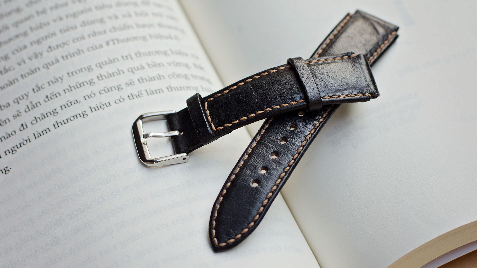 Dây đồng hồ nam da bò handmade mầu đen  - Dây đồng hồ handmade nam da bò nhập khẩu - Dây đồng hồ Mino Crafts size22-20mm DA1801A