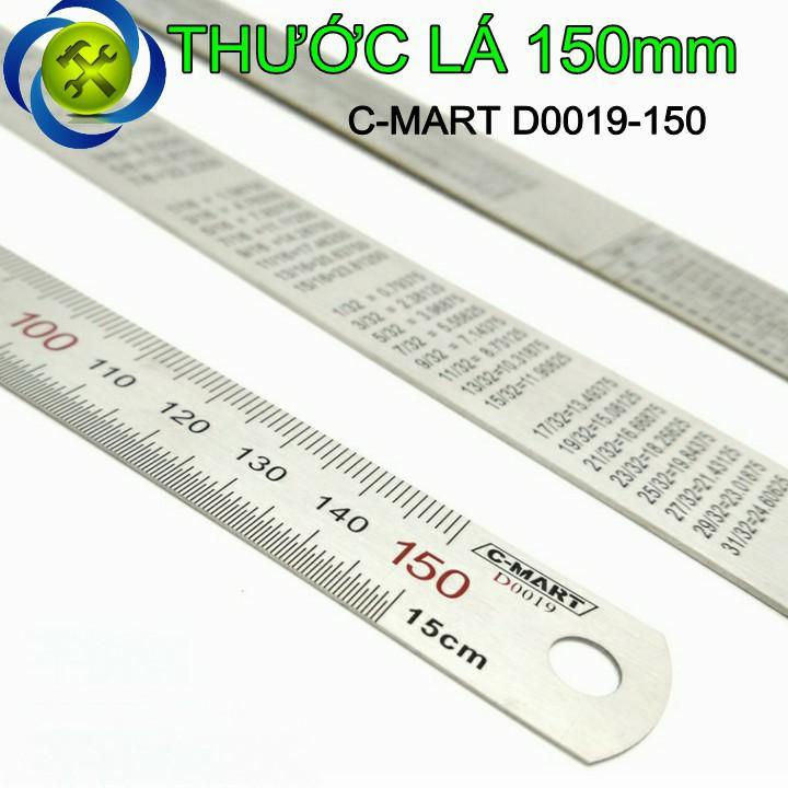 Thước lá C-MART D0019-150 chiều dài 150mm chất liệu bằng thép có vạch chia milimet và có hệ số chuyển đổi