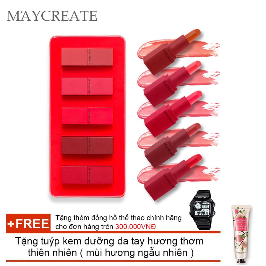 Bộ 5 thỏi son dưỡng ẩm Maycreate + Tặng tuýp kem dưỡng da tay hương thơm  thiên nhiên ( Đơn hàng  mỹ phẩm trên 300k tặng thêm 1 đồng hồ thể thao như quảng cáo )(OEM)