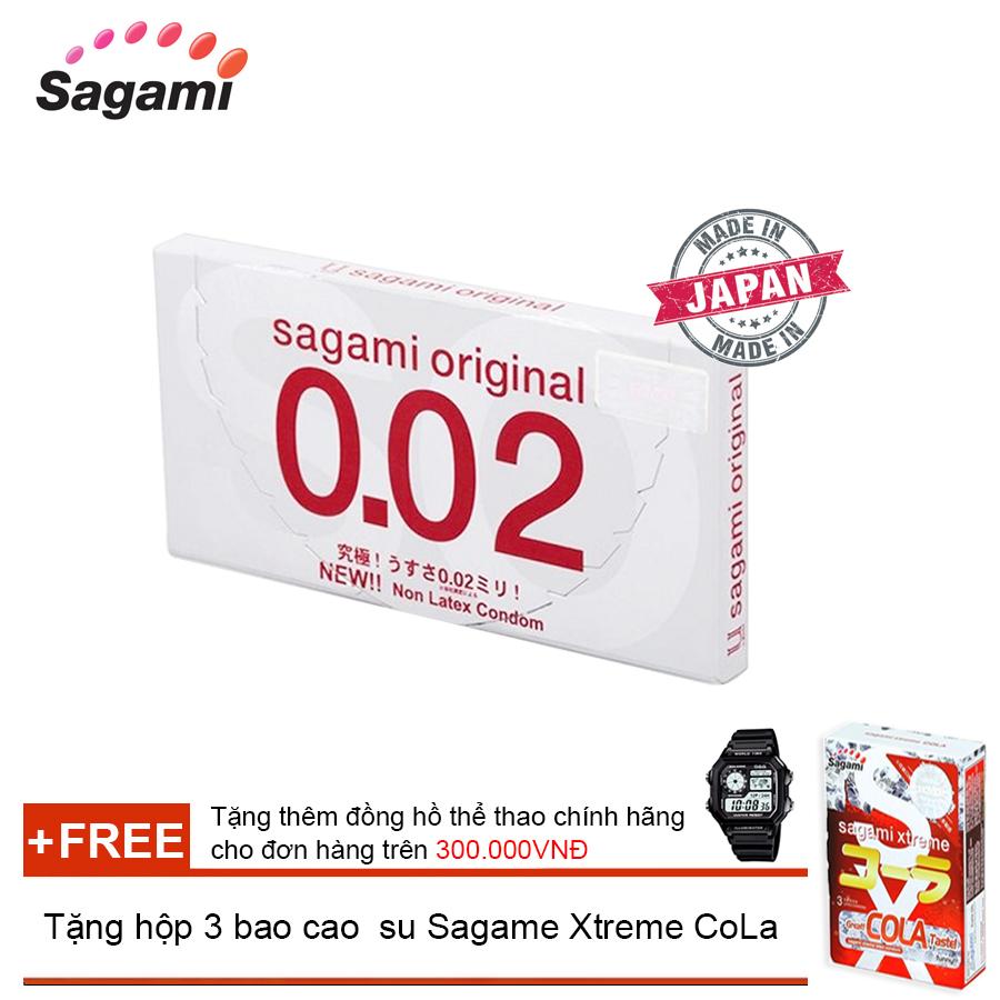 Hộp 2 bao cao su SAGAMI ORIGINAL 0.02 (Hộp 2 bao) + Tặng hộp 3 bao cao su Sagami Xtreme CoLa ( Đơn hàng Bao Cao Su trên 300k tặng thêm 1 đồng hồ thể thao như quảng cáo )