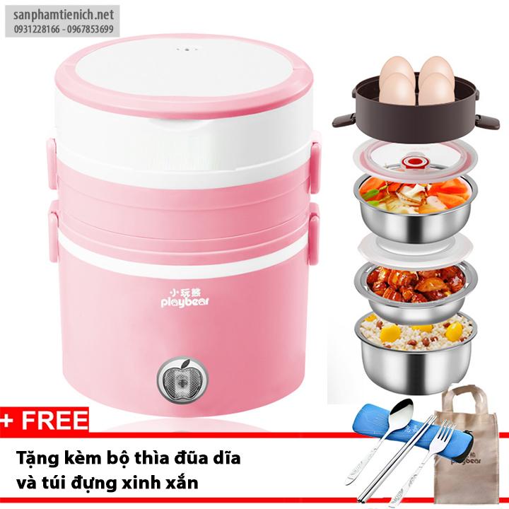 Hộp cơm cắm điện 3 tầng inox cao cấp Playbear 2019