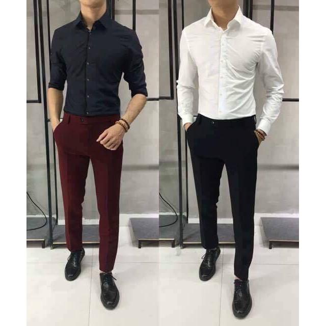 Combo 2 bộ 4 sản phẩm màu như hình: 2 sơ mi đen-trắng + 2 quần âu đen-đỏ đô cao cấp