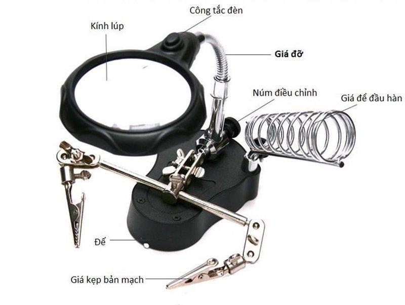 Bộ chân đế mỏ hàn có tay kẹp và kính lúp có đèn led