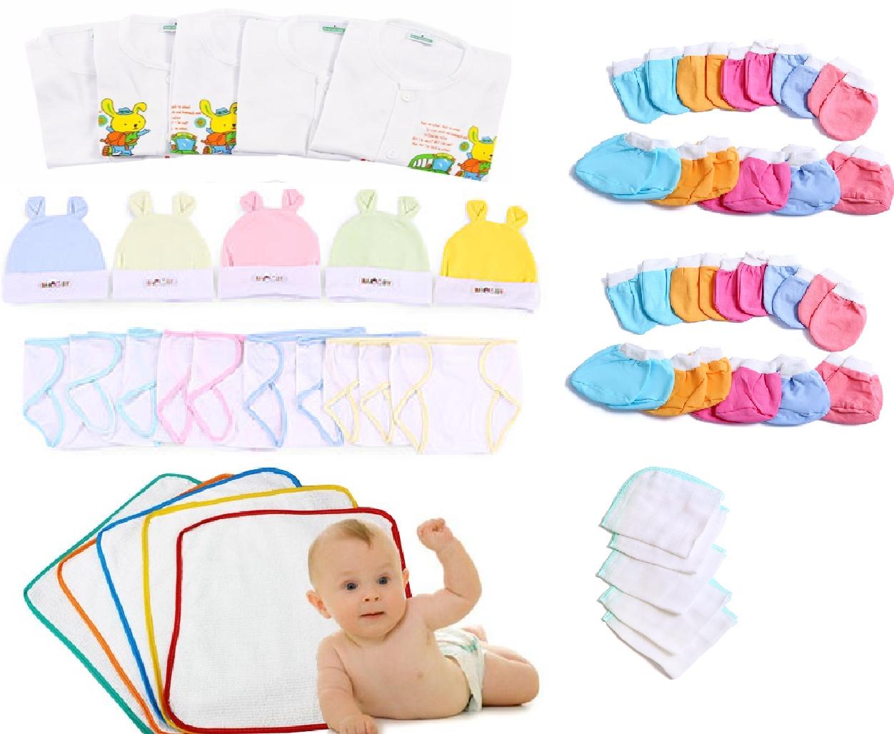 [hcm] 50 món đồ dùng cho bé sơ sinh(5 áo nút giữa trắng tay dài + 10 tã + 5 nón + 10 bao tay + 10 bao chân + 5 lót + 5 khăn)