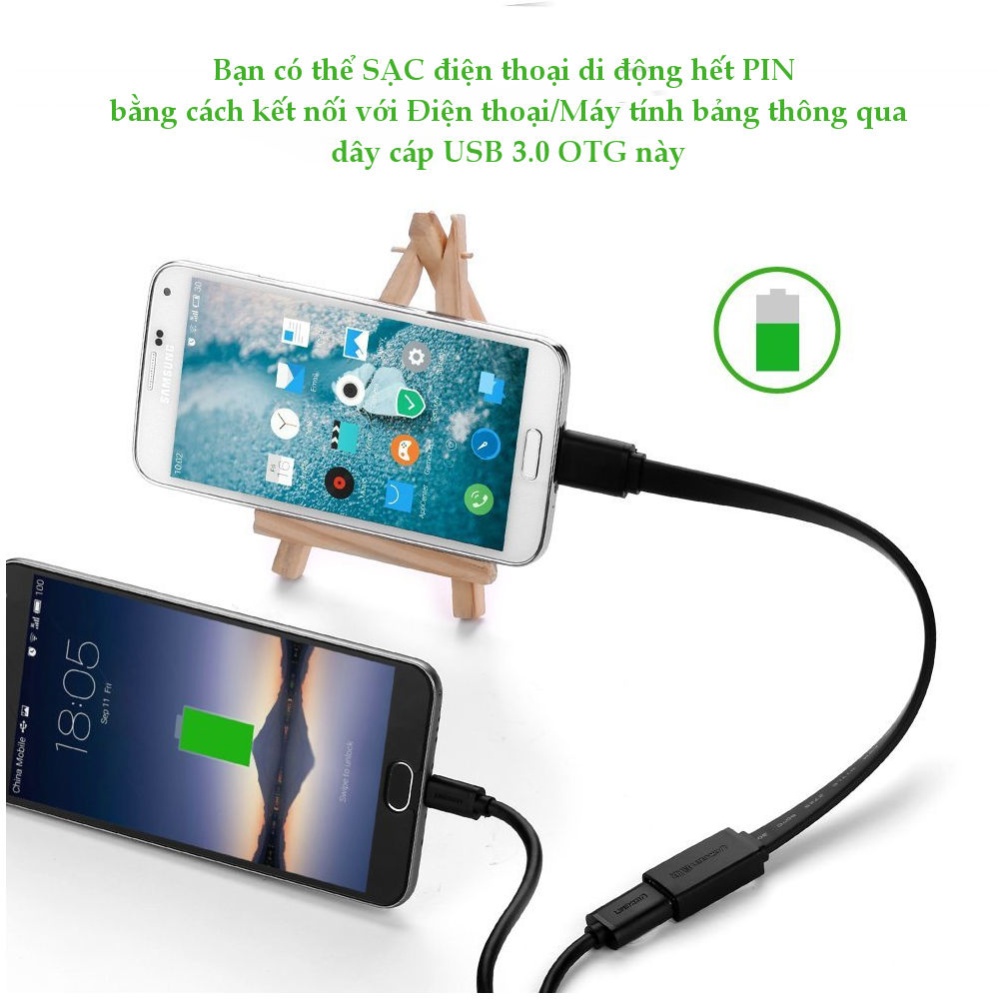 Dây Micro USB 3.0 B OTG sang USB 3.0 dạng dẹt cho Samsung Note 3/S5/I9600/G900... dài 20CM UGREEN US127 Dây Micro USB 3.0 B OTG sang USB 3.0 dạng dẹt cho Samsung Note 3/S5/I9600/G900... dài 20CM UGREEN US127