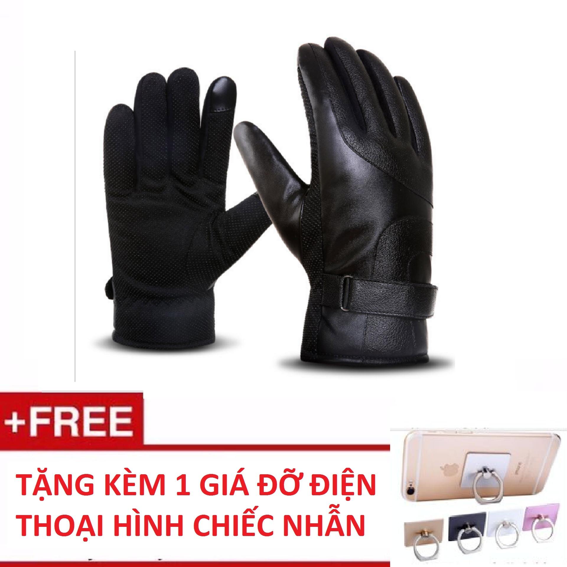 Găng tay da IWINTER có cảm ứng, giữ ấm, chống nước, đi được xe máy cho nam + Tặng kèm 1 giá đỡ điện thoại hình chiếc nhẫn