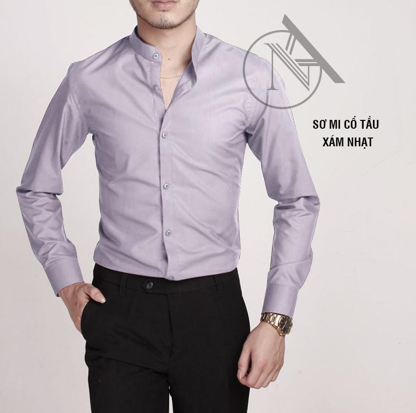 Sơ mi nam xám cổ tầu, chất lụa mềm mịn, chống nhăn, chống xù