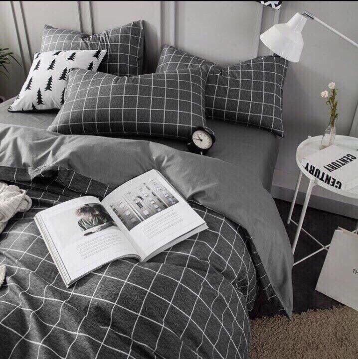 [ MIỄN PHÍ VẬN CHUYỂN ]-BỘ CHĂN GA GỐI KẺ Ô XÁM ĐEN HIỆN ĐẠI.