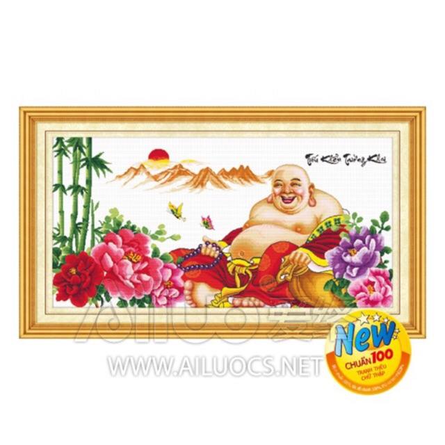 Tranh thêu chữ thập Phật Di Lạc 143x76cm mẫu đơn trúc Ailuo AL51380
