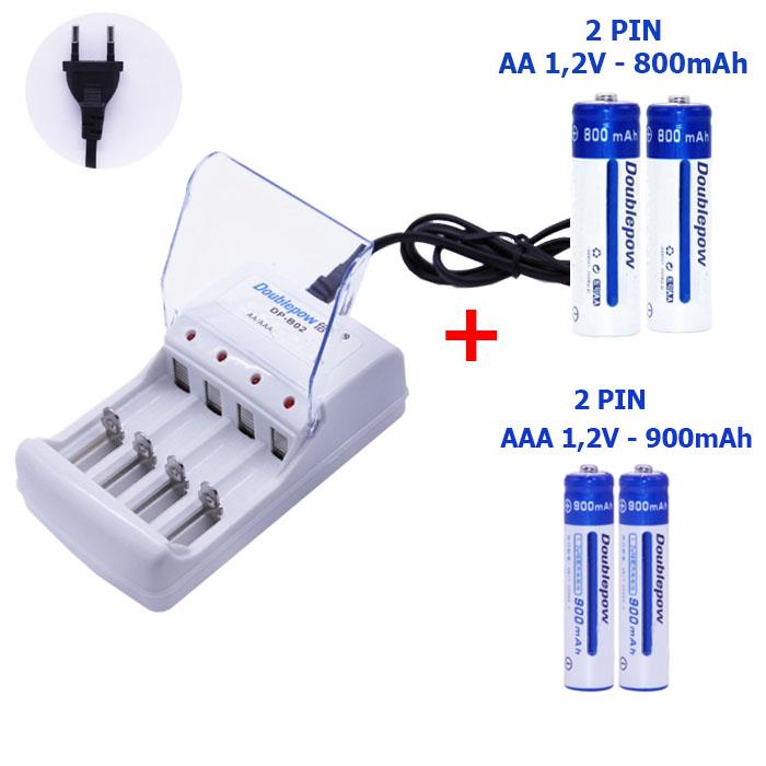 Combo bộ sạc pin đa năng Doublepow kèm 4 pin sạc (2 viên AA 800mAh và 2 viên AAA 900mAh)