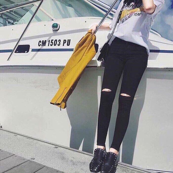 [HCM]QUẦN JEAN NỮ LƯNG CAO CHẤT LIỆU ĐẸP CO GIÃN ĐEN RÁCH GỐI 02 VIET FASHION - CÓ SIZE ĐẠI 70KG