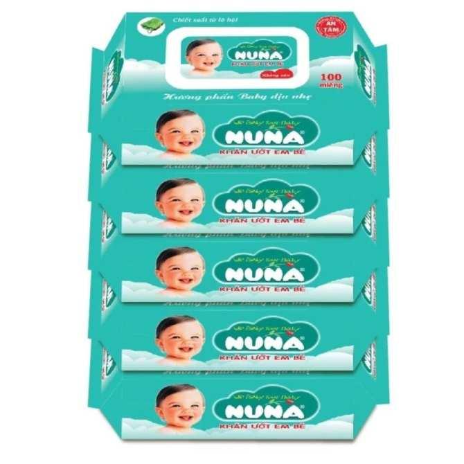 Lốc 5 bao khăn ướt em bé nuna 100 miếng/bao hương phấn