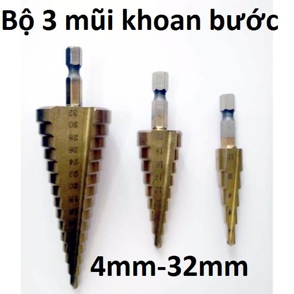 Bộ 3 mũi khoan bước tháp titanium 4-32mm,khoan sắt,tôn,nhựa,gỗ....