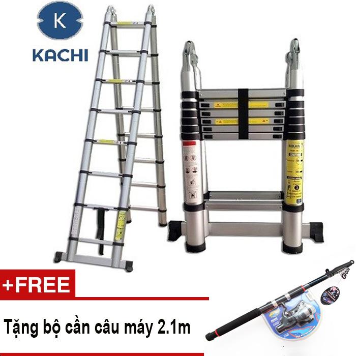 Thang nhôm rút chữ A 3m8 Kachi MK02 + Tặng bộ cần câu máy 2.1m