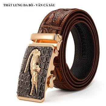 Dây nịt - Thắt lưng nam dập vân cá sấu mầu nâu - Mặt hình cá sấu vàng