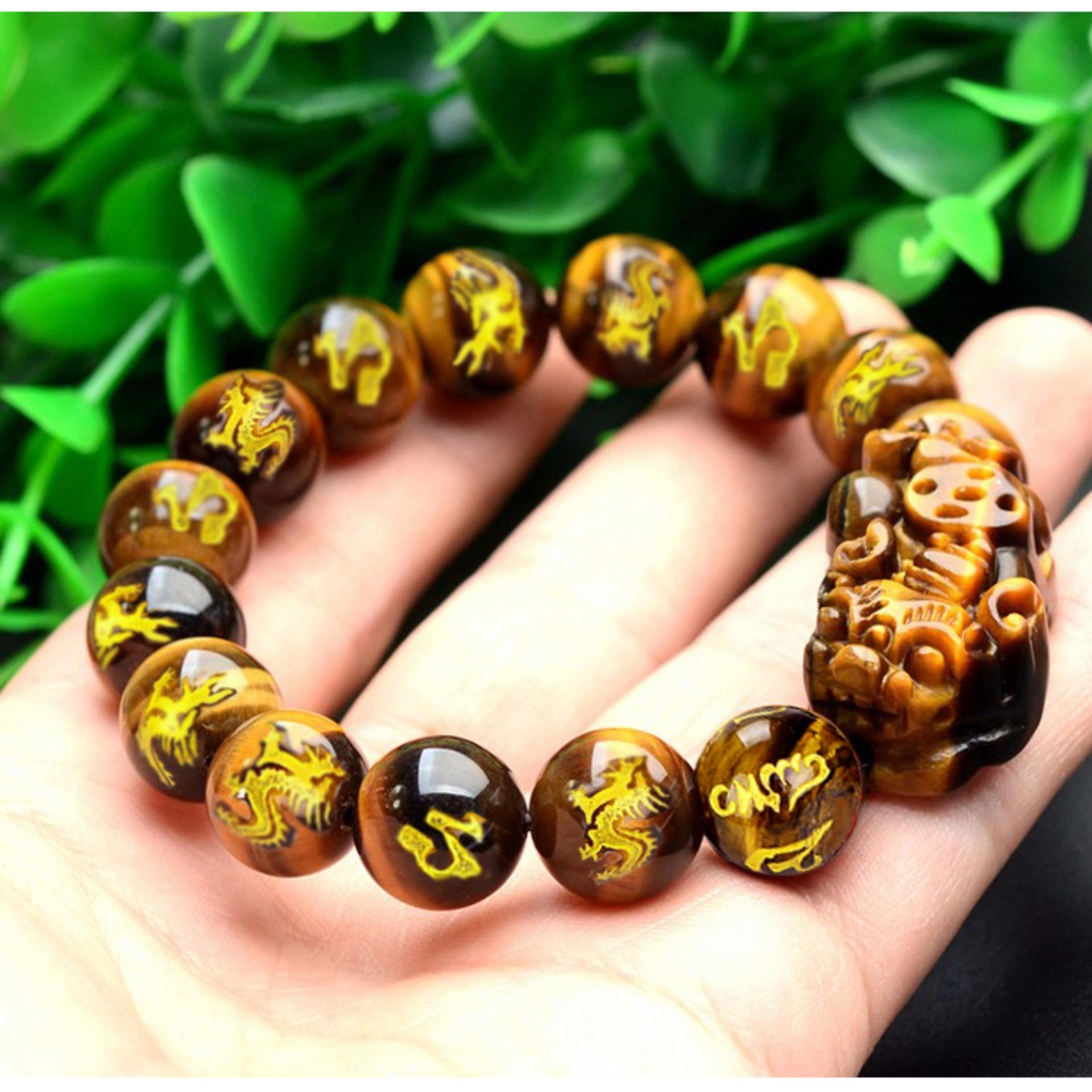 Vòng tay đá mắt hổ khắc rồng gắn tỳ hưu đính đá khắc kinh phật 12 li- Phong thủy mang lại sự tỉnh táo, sáng suốt, khôn ngoan, hạnh phúc và sức khỏe