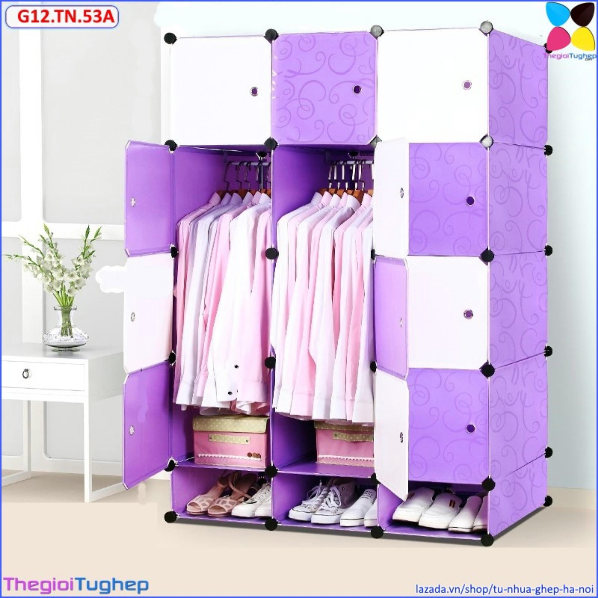 Tủ ghép đa năng 12 ô và 3 ô giầy tím nhạt cửa tím & trắng g12.tn.53
