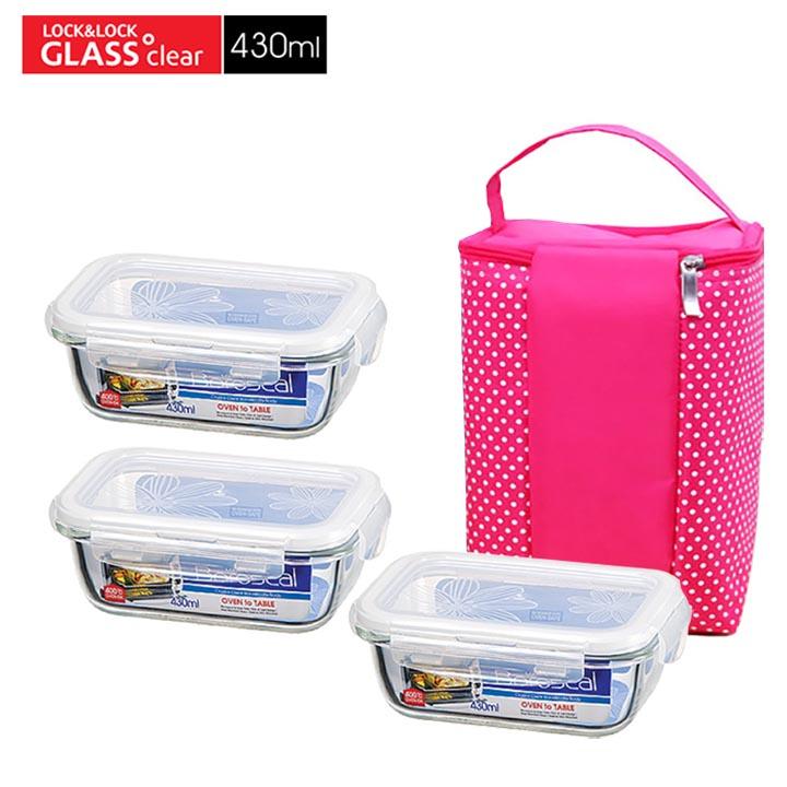[HCM]Bộ 3 hộp thủy tinh Lock&Lock 430ml tặng túi giữ nhiệt
