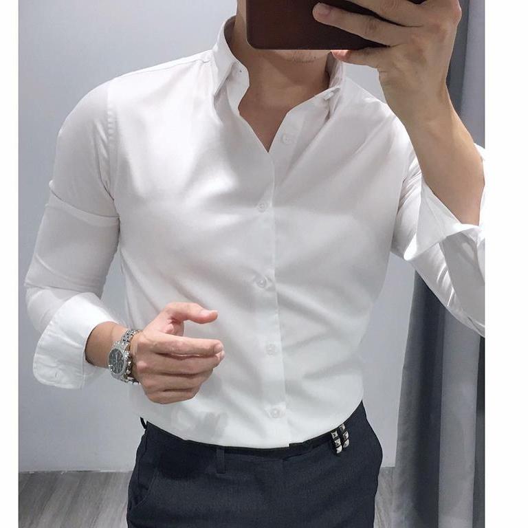 Áo sơ mi nam trơn dài tay Hàn Quốc chất lụa siêu mát (màu trắng)
