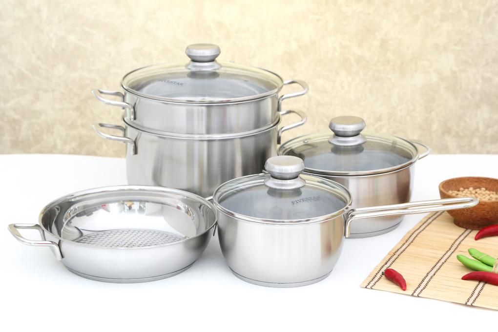 Bộ nồi xửng 5 món inox 3 đáy nắp kính fivestar fs08cg1